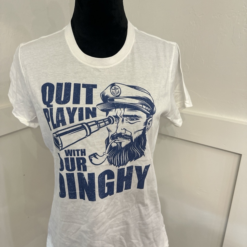 White Graphic Tee with Blue Print